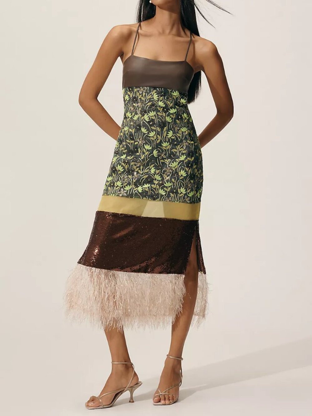 Mixed Floral Faux-Feather Midi Dress